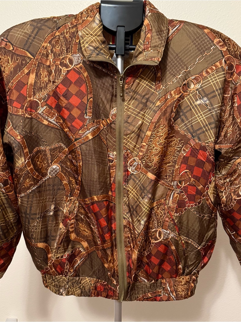 Vintage EVR 100% Silk Bomber Jacket Women S/P Equestrian Chain Plaid Print
